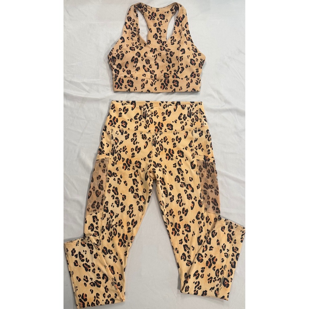 Fabletics Leopards Activewear Set Racerback Sports Bra and Mesh Pocket Leggings